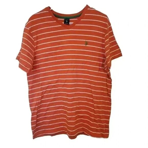 US Polo Association Men's Orange & White Striped Cotton Knit V-Neck Short Sleeve - Picture 1 of 8
